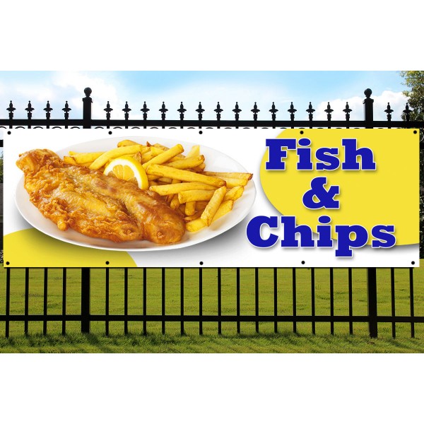 FISH AND CHIPS FRESH BANNER OUTDOOR WATERPROOF SIGN waterproof PVC with Eyelets 